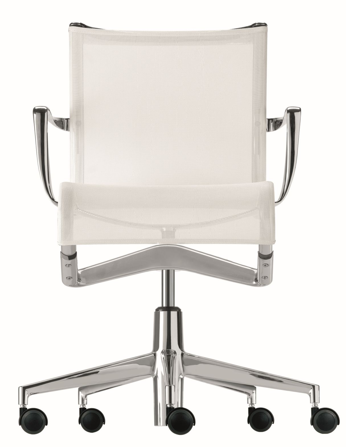 Rollingframe Bürodrehstuhl mit weißem Netzbezug, Chromgestell und Armlehnen, ergonomischer Bürostuhl für modernes Büro.