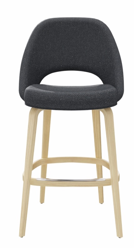 Saarinen Barhocker von Knoll International, grauer Stoffbezug, helle Holzbeine und Fußstütze aus Metall.