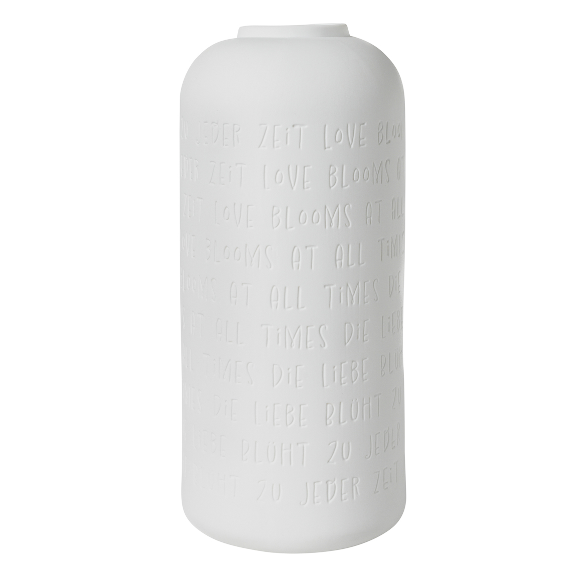 Weiße Vase mit Prägung "Die Liebe blüht zu jeder Zeit" für Hochzeitsdekoration und Blumenarrangements.