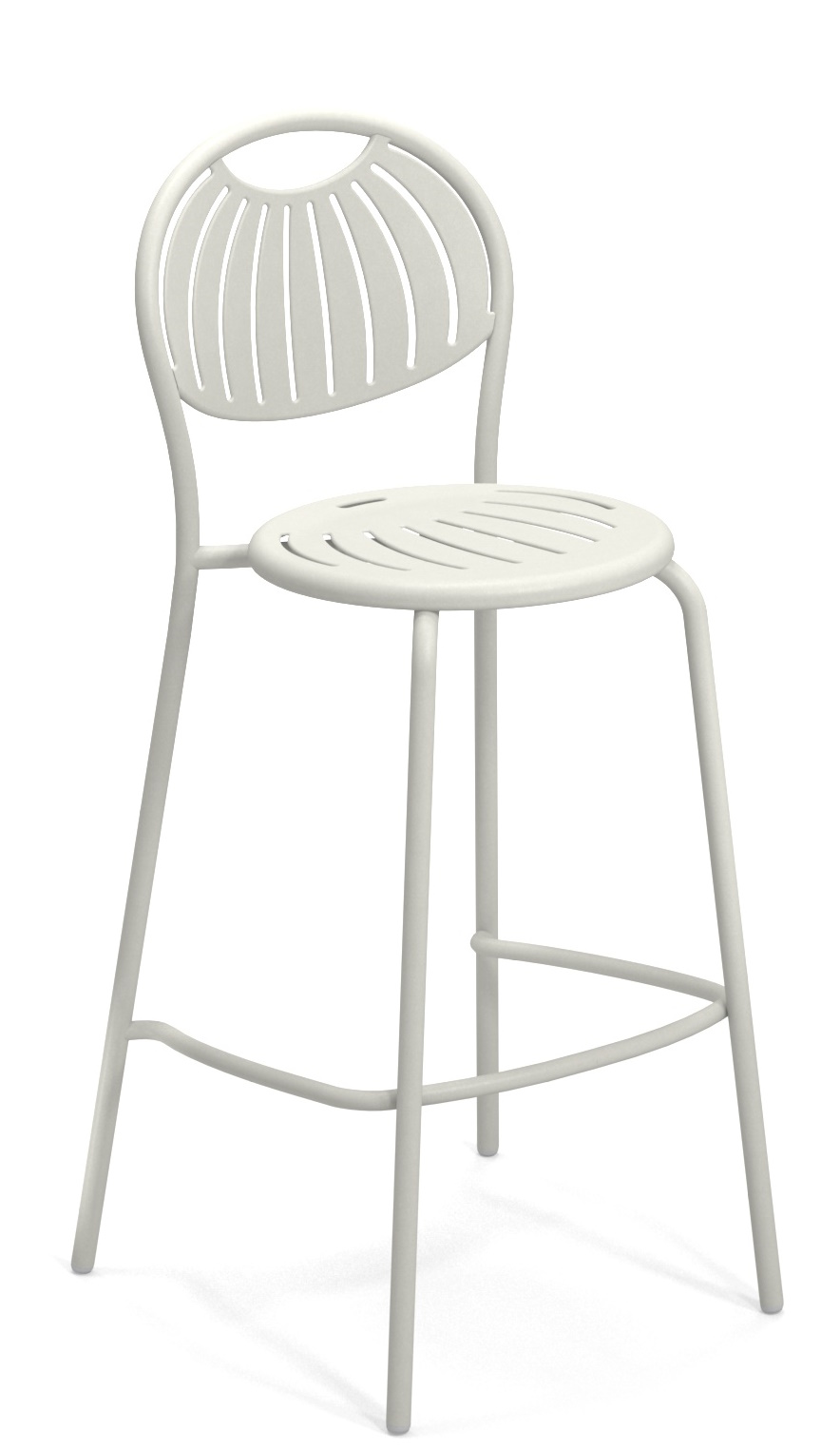 Coupole Barstool von Emu, Outdoor Barhocker aus Metall in Weiß mit Rückenlehne und Fußstütze.