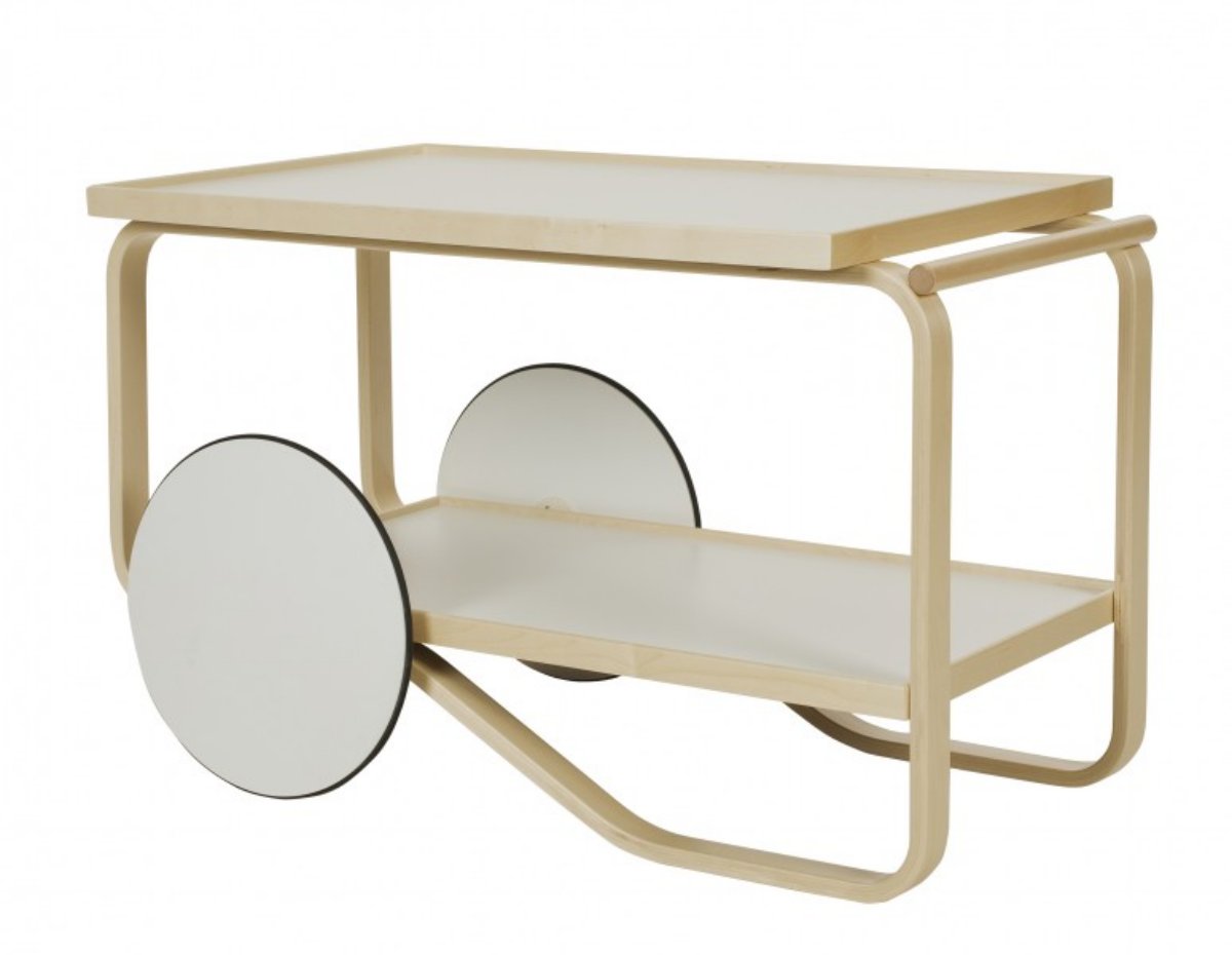 Artek Servierwagen 901 aus Birkenholz und weißem Laminat, skandinavisches Design mit runden Rädern.