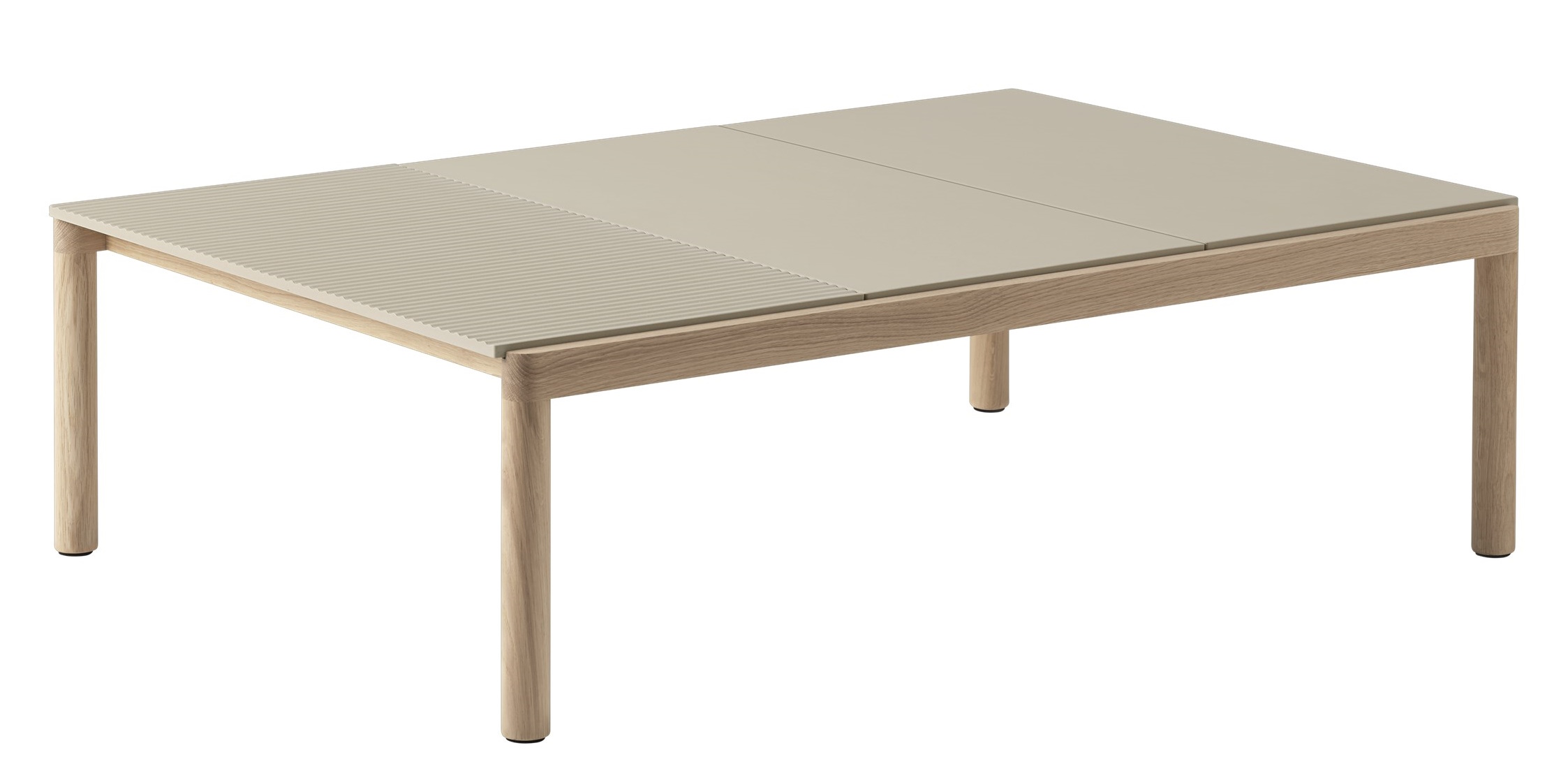 Muuto Couple Couchtisch aus Eichenholz und beiger Tischplatte mit geriffelter Oberfläche, modernes Wohnzimmer Möbel.