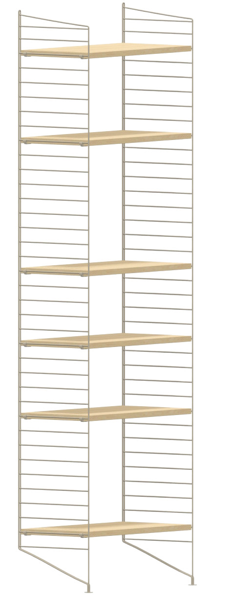 Wohnzimmer String Regal mit hellen Holzregalböden und filigranen, grauen Metallleitern für moderne Wohnraumgestaltung.