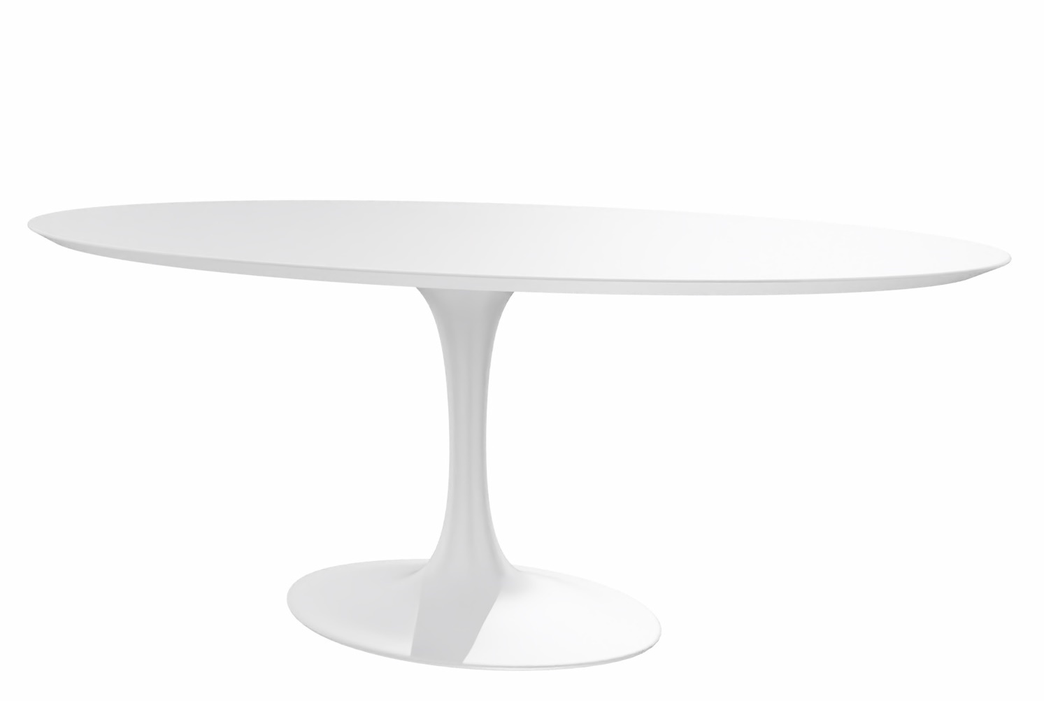 Saarinen Esstisch oval von Knoll International, moderner Küchentisch mit weißer Tischplatte und zentralem Fuß.
