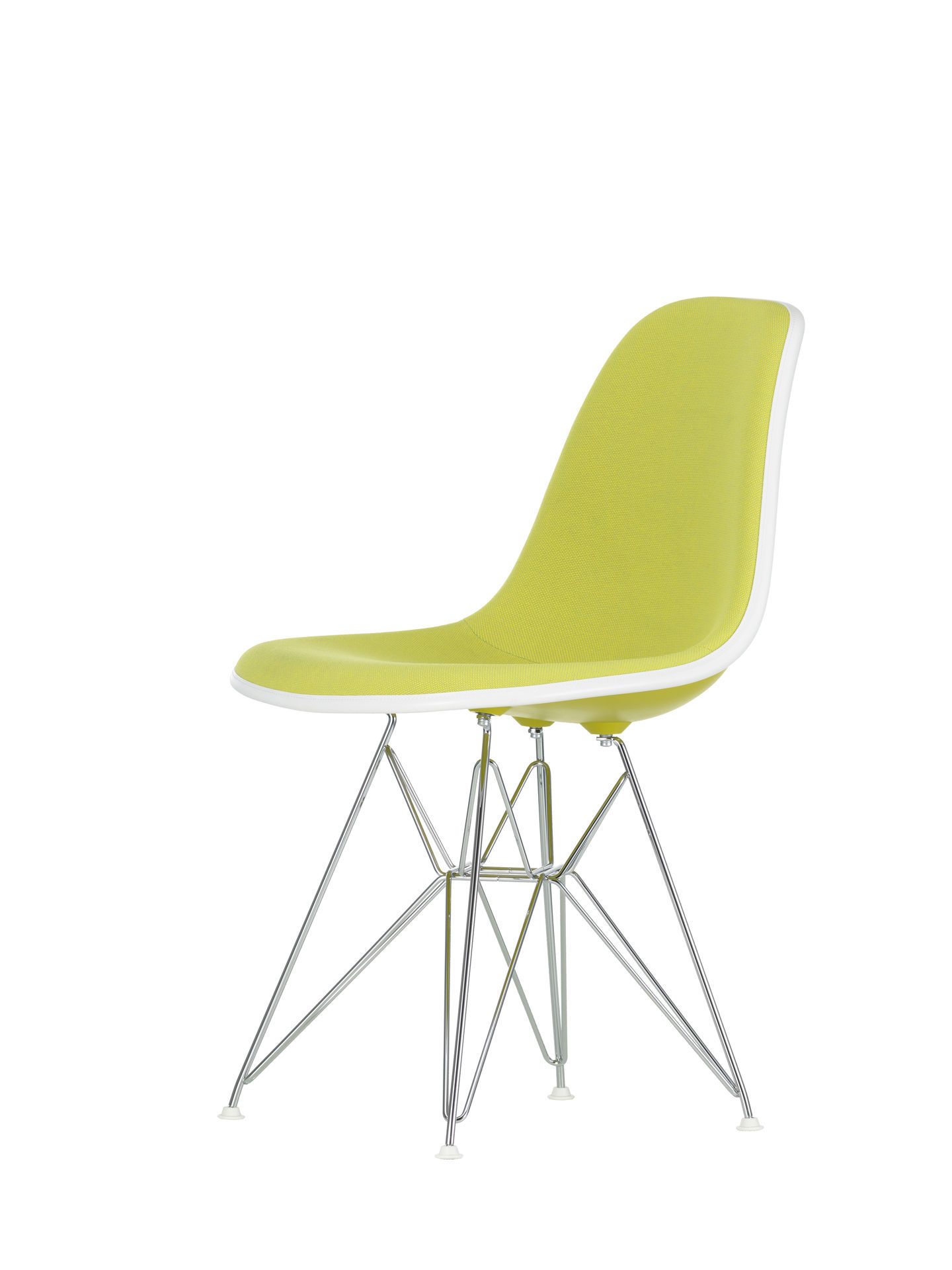 Eames Plastic Side Chair DSR, vollgepolsterter Design Stuhl von Vitra mit verchromtem Drahtgestell.