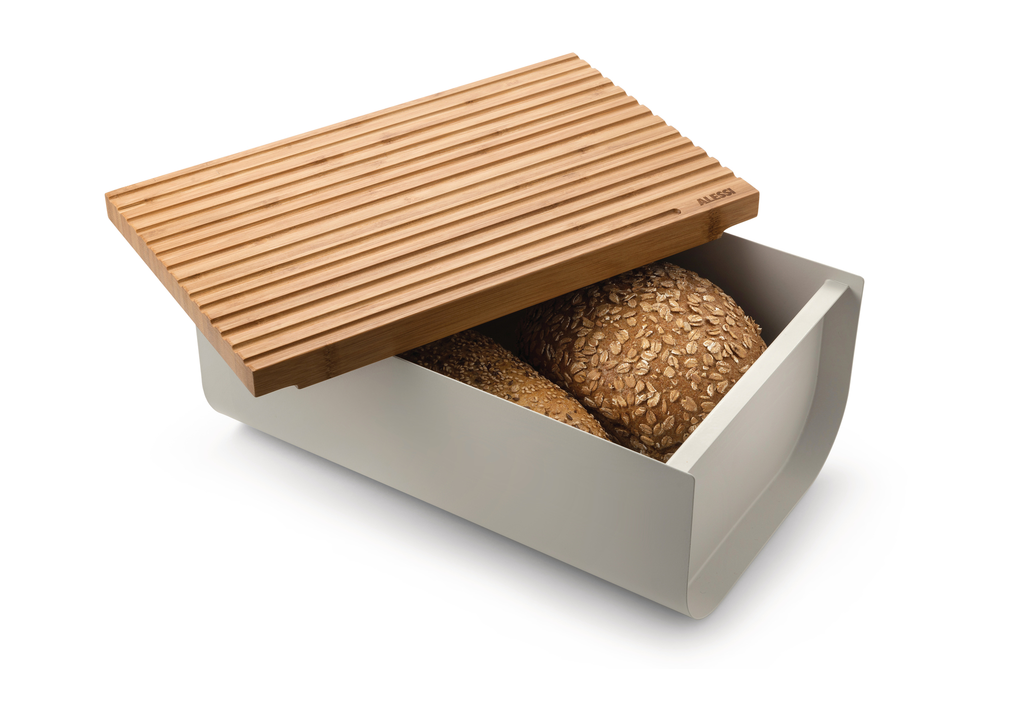 Alessi Brotkasten Mattina in warmem Grau mit Brot und Bambusdeckel, ideal zur Brotaufbewahrung.