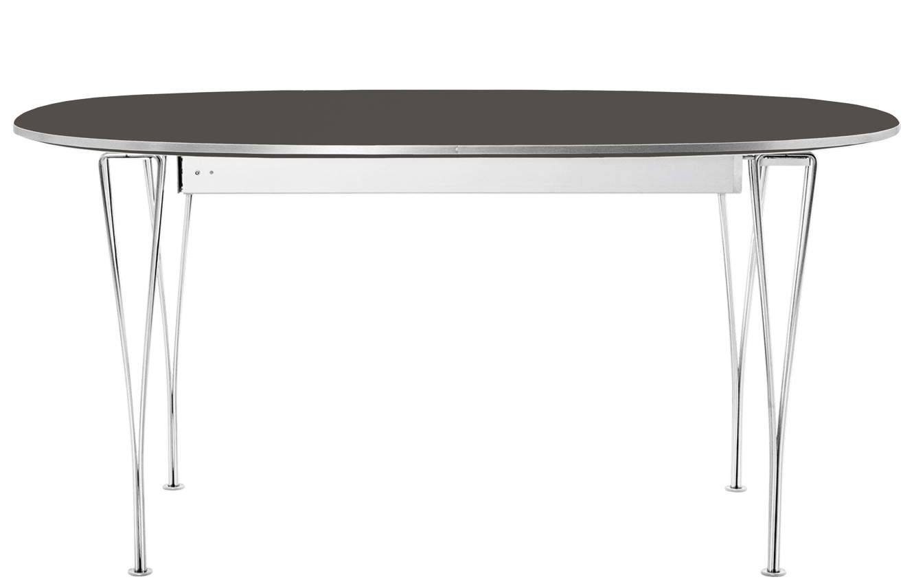 Fritz Hansen Super Elliptisch Ausziehtisch mit grauer Tischplatte und verchromtem Stahlgestell.