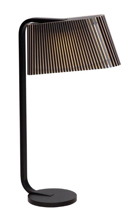 Schwarze Owalo Tischleuchte von Secto Design mit Lampenschirm aus Holzlamellen für modernes Wohnambiente.