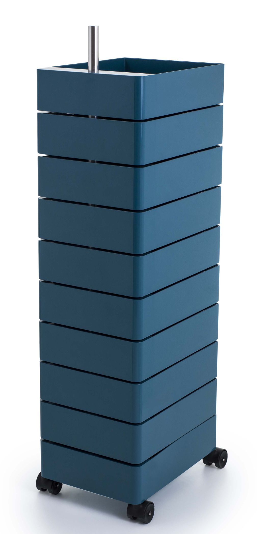 Blauer 360° Container von Magis mit Rollen und Griff, ideal für Büro und Zuhause.