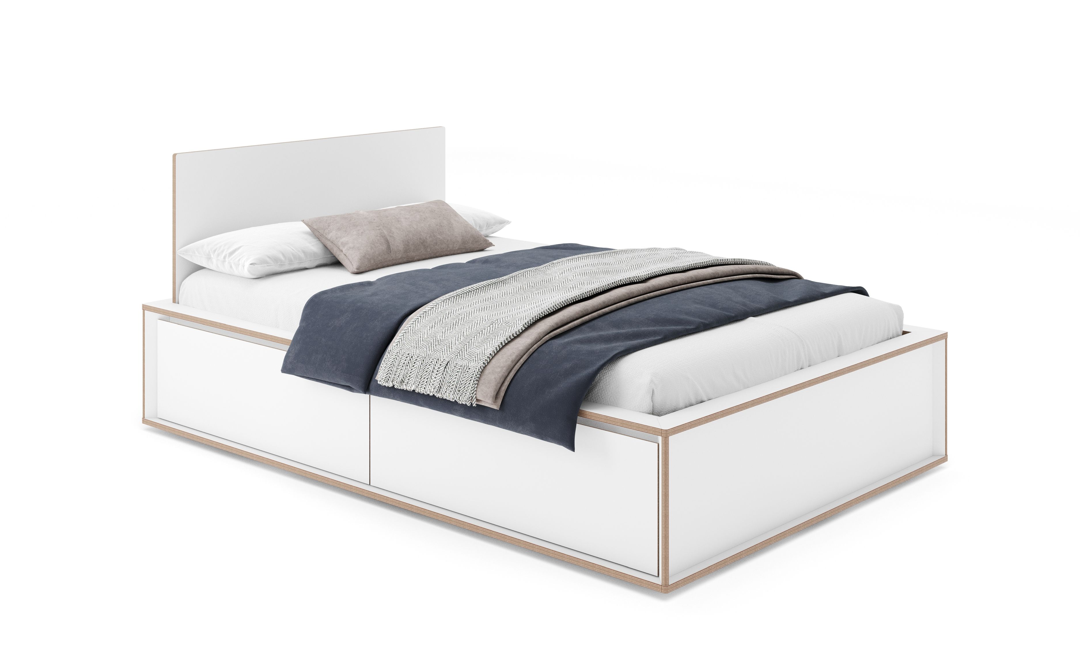 Spaze Bett von Müller Möbelwerkstätten in Weiß mit Schubladen, Kissen und Decken.
