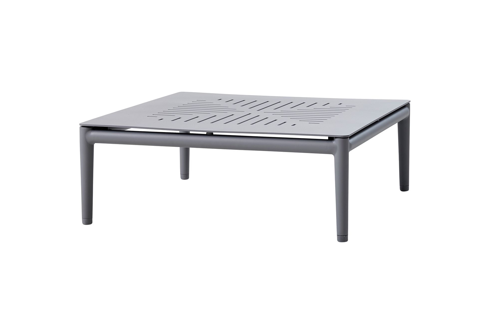 Hellgrauer Conic Outdoor Couchtisch von Cane-Line mit quadratischer Tischplatte und filigranem Design.