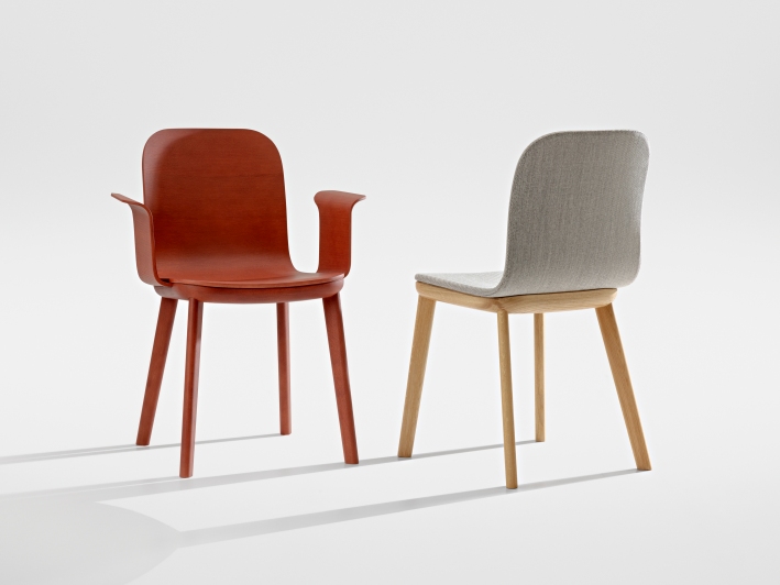 Aeon Stuhl mit Armlehne in Rot und vollgepolsterter Stuhl in Grau, modernes Möbeldesign.