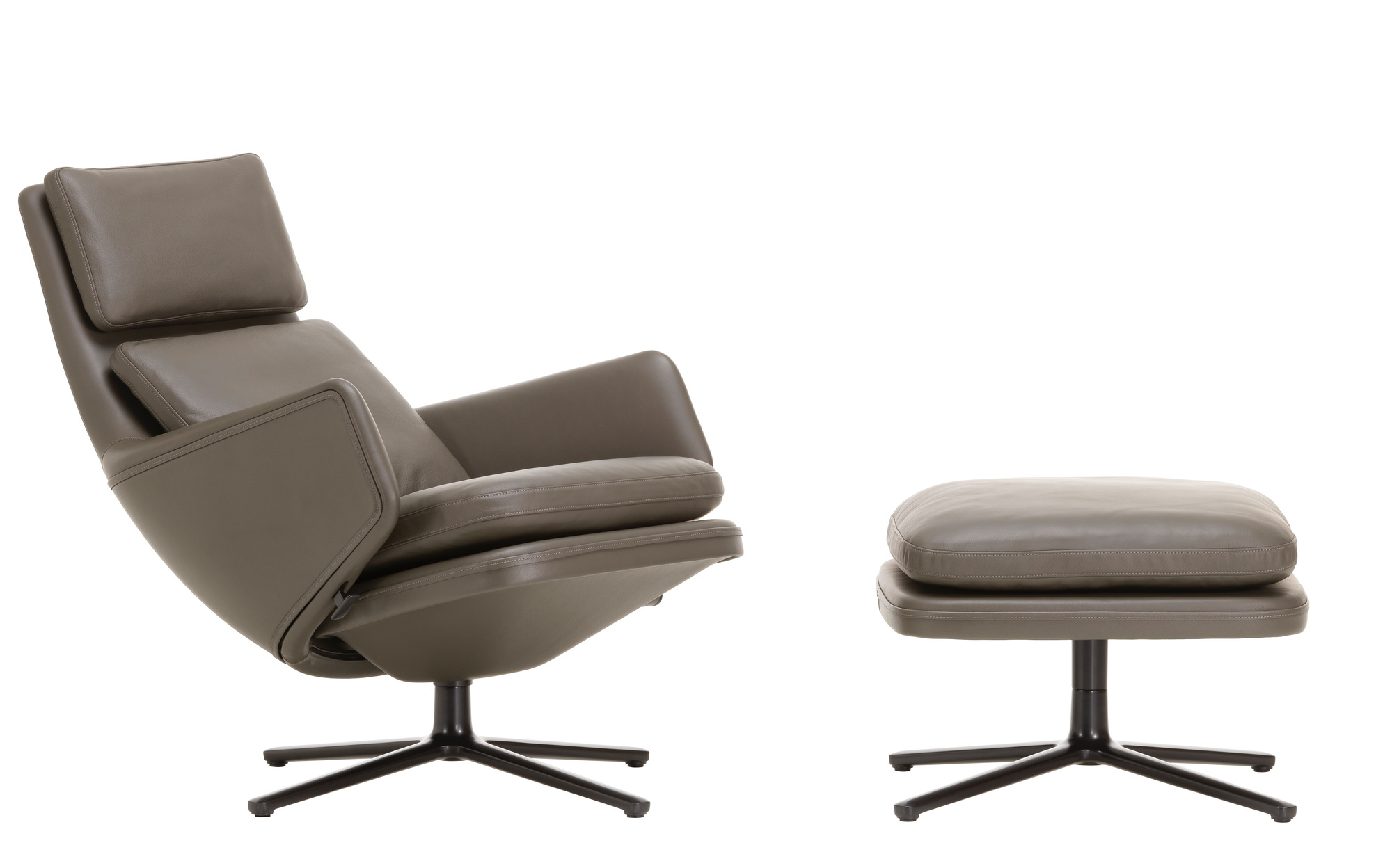 Vitra Grand Relax Sessel mit Ottoman in braunem Leder, moderner Relaxsessel für Wohnzimmer.