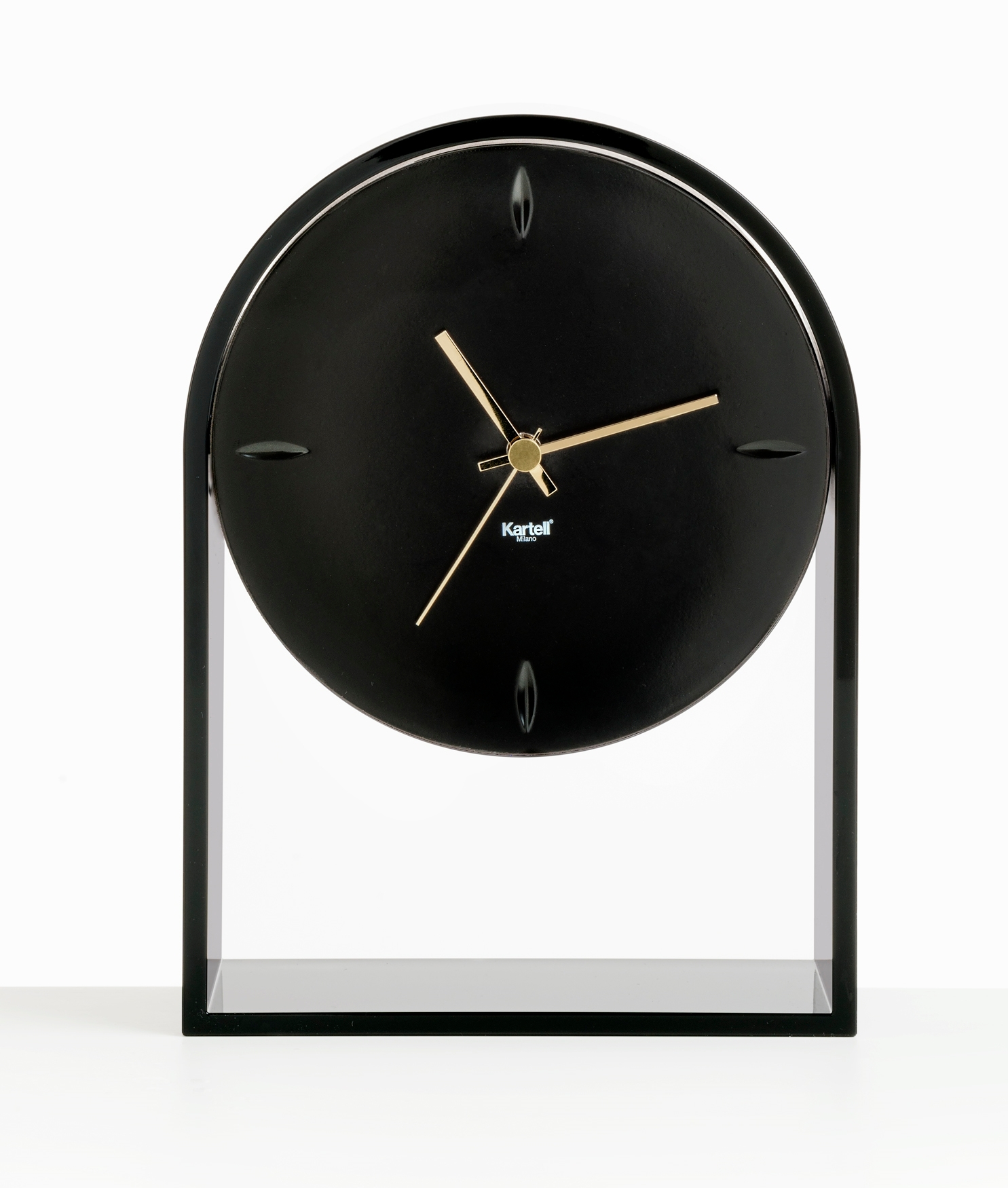 Schwarze Kartell Tischuhr "Air du Temps" mit goldenen Zeigern, modernes Design für Wohnzimmer.