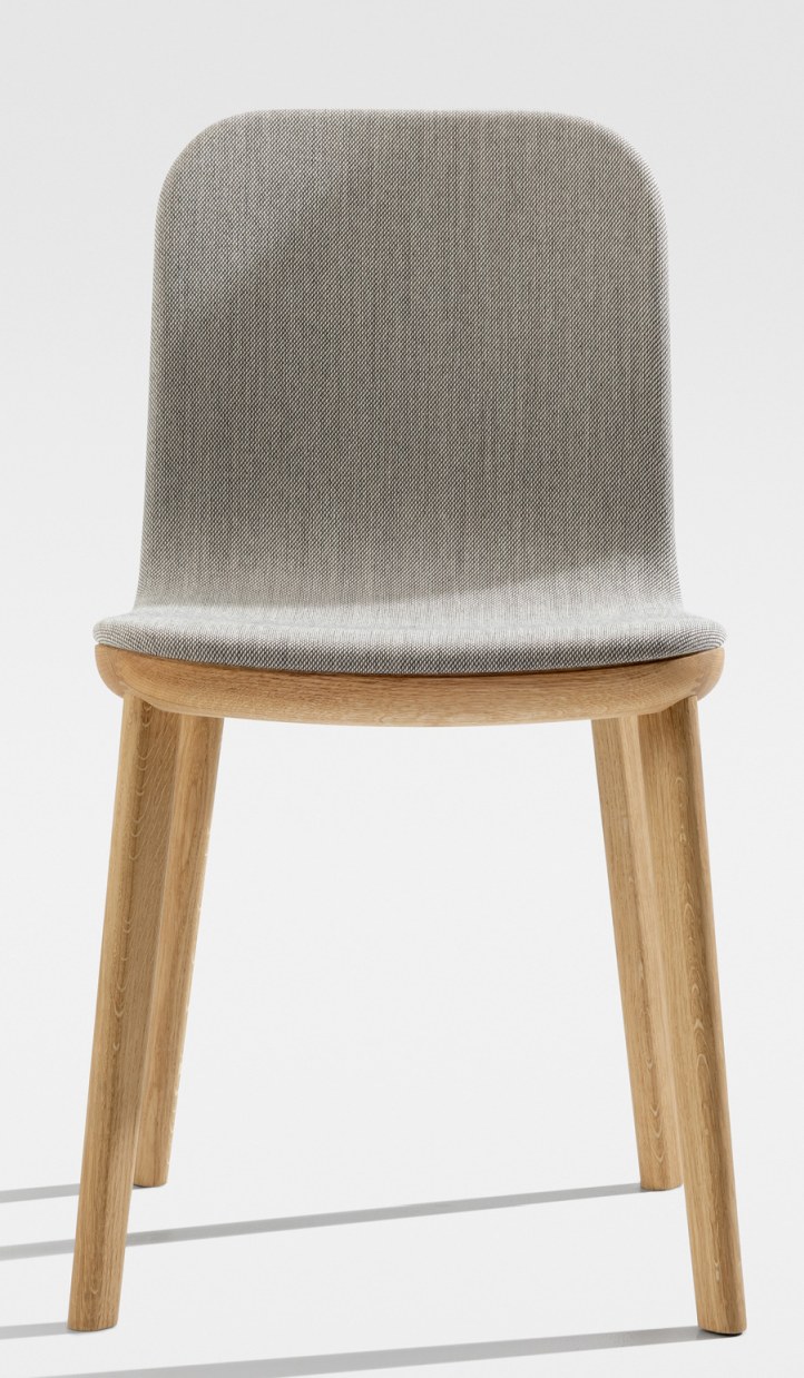 Aeon Chair Stuhl mit hellgrauem Stoffbezug und hellem Holzgestell, modernes Möbeldesign für Esszimmer und Büro.