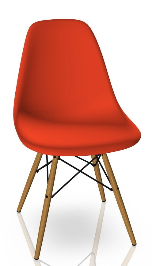 Vitra Eames Stuhl DSW mit honigfarbenem Eschenholzgestell und Sitzschale in Poppy Red.