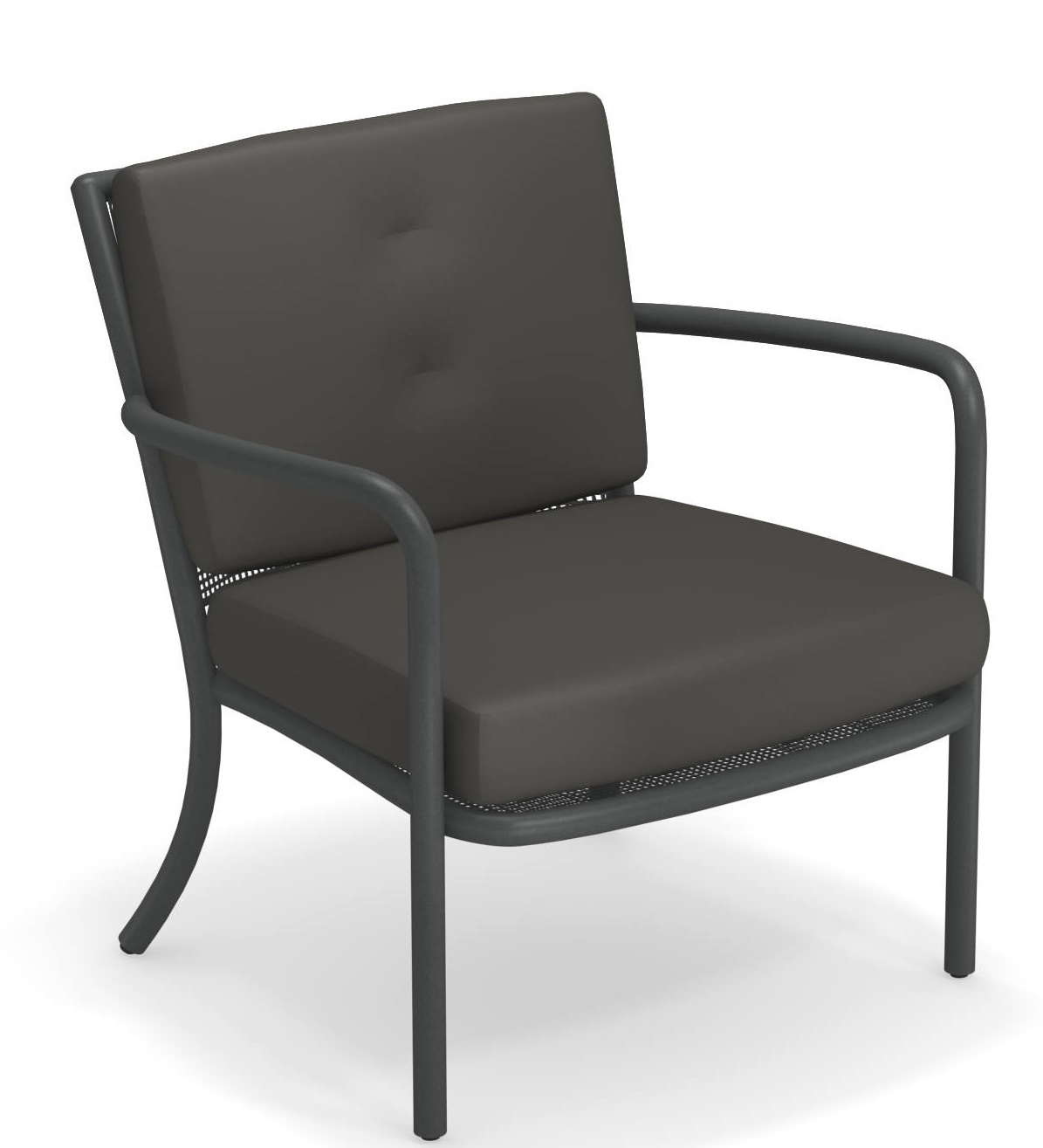 Athena Lounge Chair Sessel Outdoor Emu mit grauen Polstern und Stahlrahmen, ideal für Garten und Terrasse.
