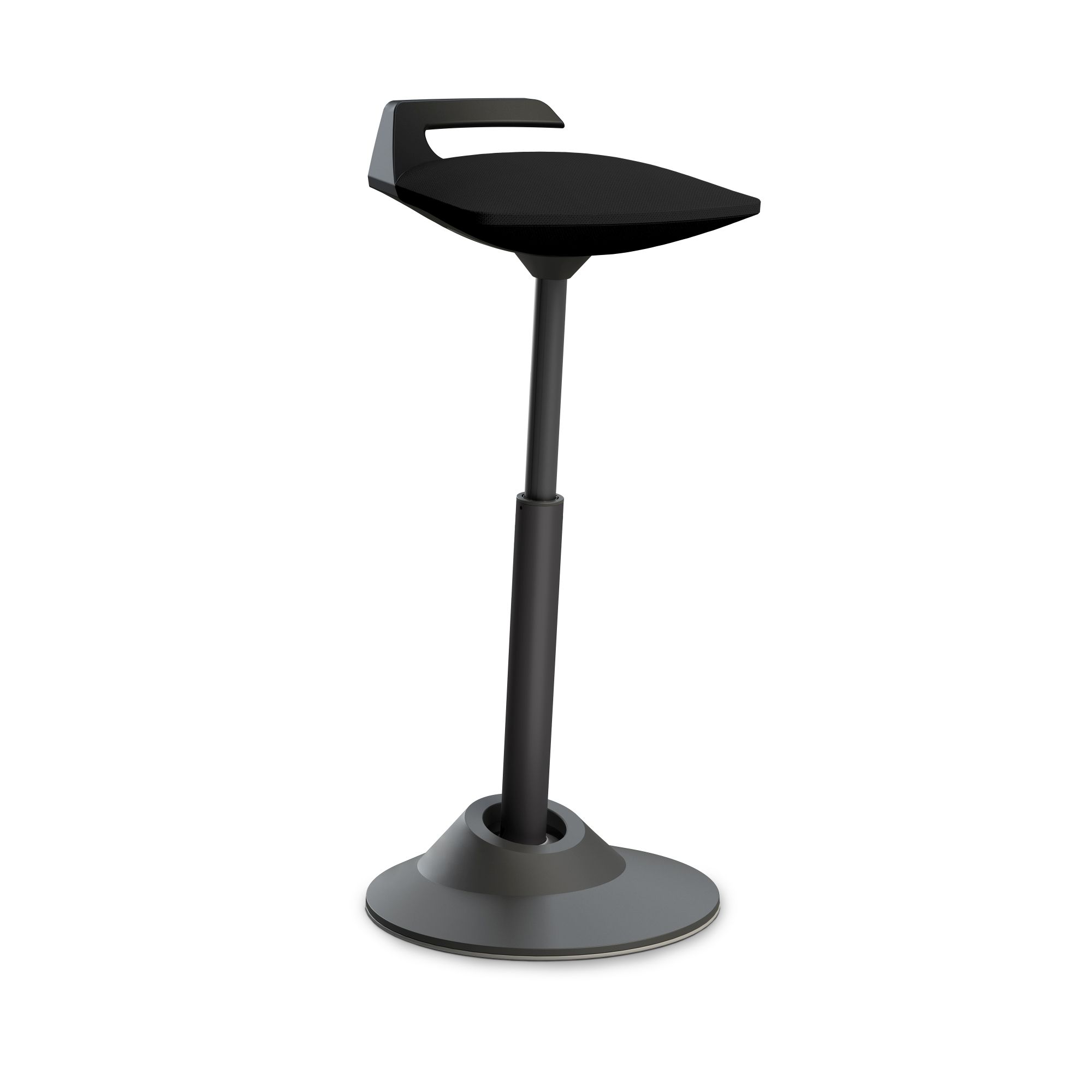 Schwarzer, höhenverstellbarer Stehhocker mit Fußstütze für ergonomisches Sitzen und Stehen im Büro oder Homeoffice.
