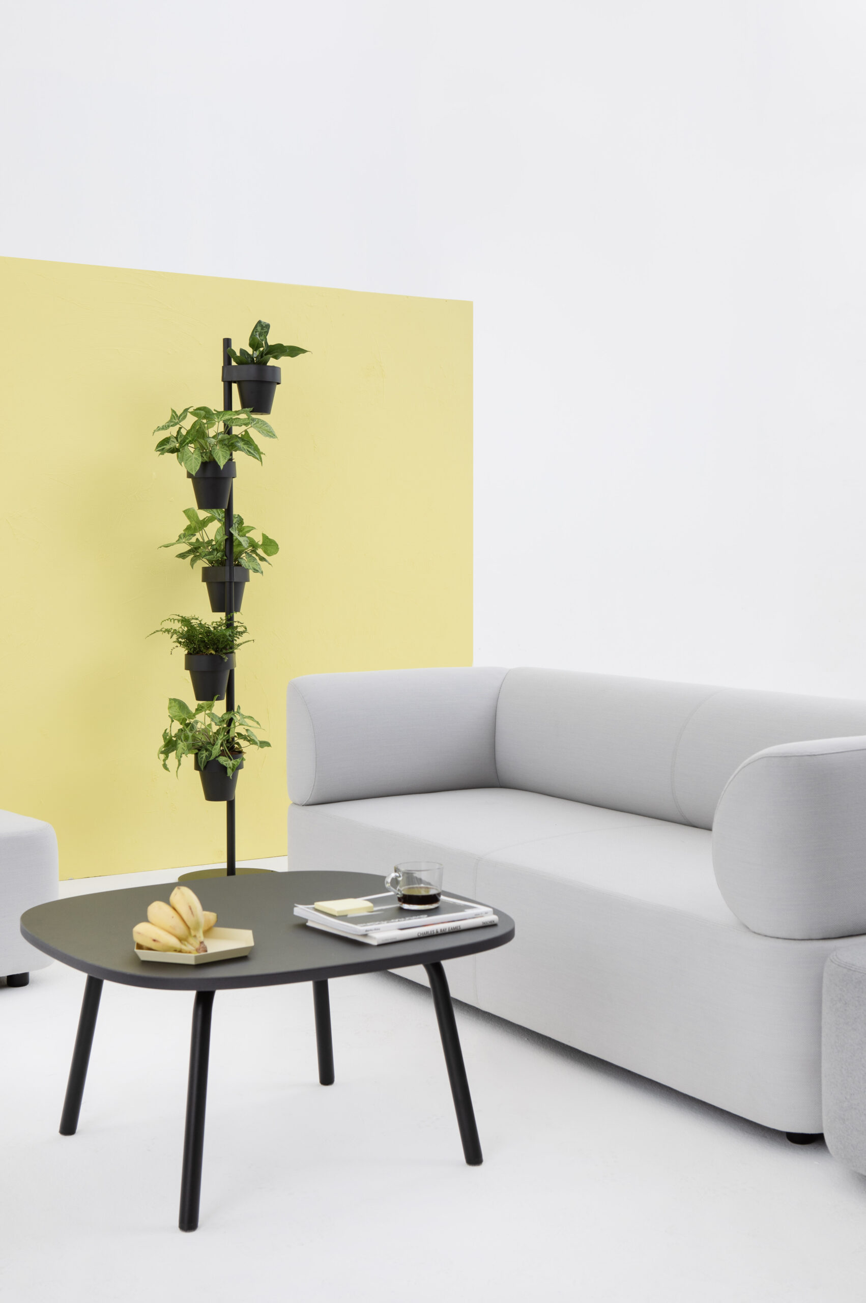 Helles Mezza Sitzelement Sofa von Cascando mit schwarzem Tisch, Pflanzenständer und gelbem Hintergrund.