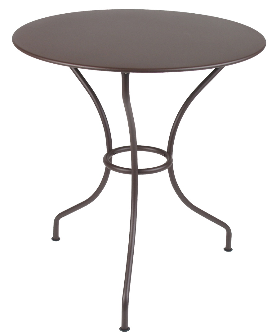 Brauner Opéra+ Tisch von Fermob für den Außenbereich, runder Gartentisch aus Metall.