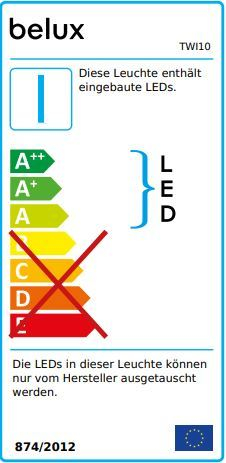 Energieeffizienzlabel der Belux Twilight LED Stehleuchte mit Hinweisen zu eingebauten, nicht austauschbaren LEDs.