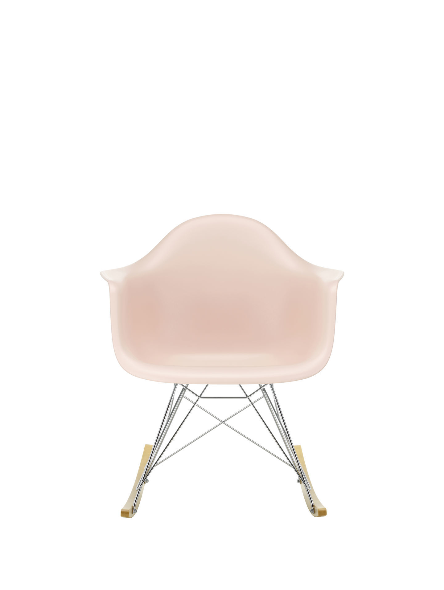 Eames RAR Schaukelstuhl in Ahorn gelblich mit Chromgestell und schwarzem Kufenansatz. Designklassiker von Vitra.