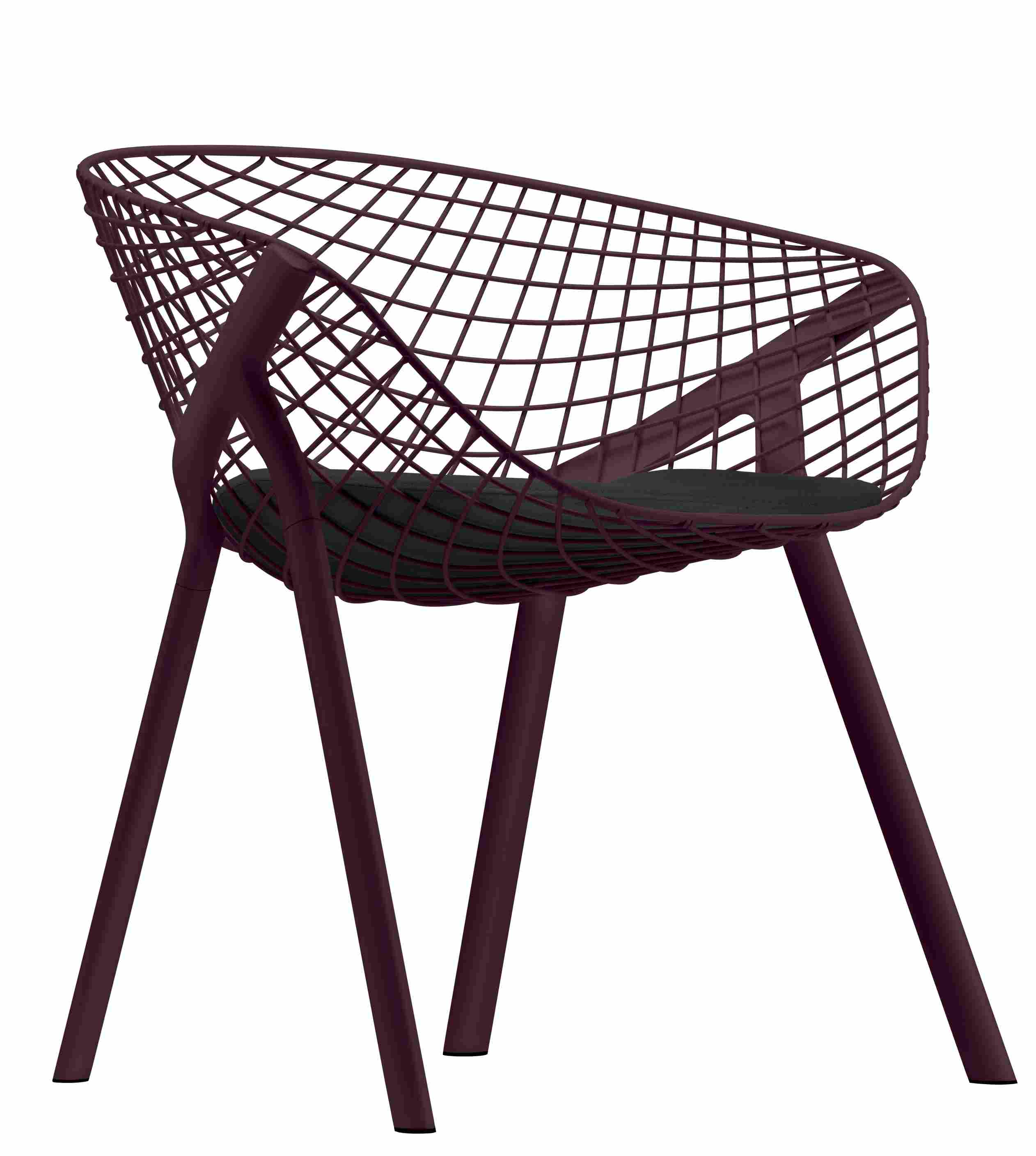 Kobi Chair Stuhl mit schwarzem Sitzkissen und filigranem, auberginefarbenem Drahtgestell für den modernen Wohnbereich.