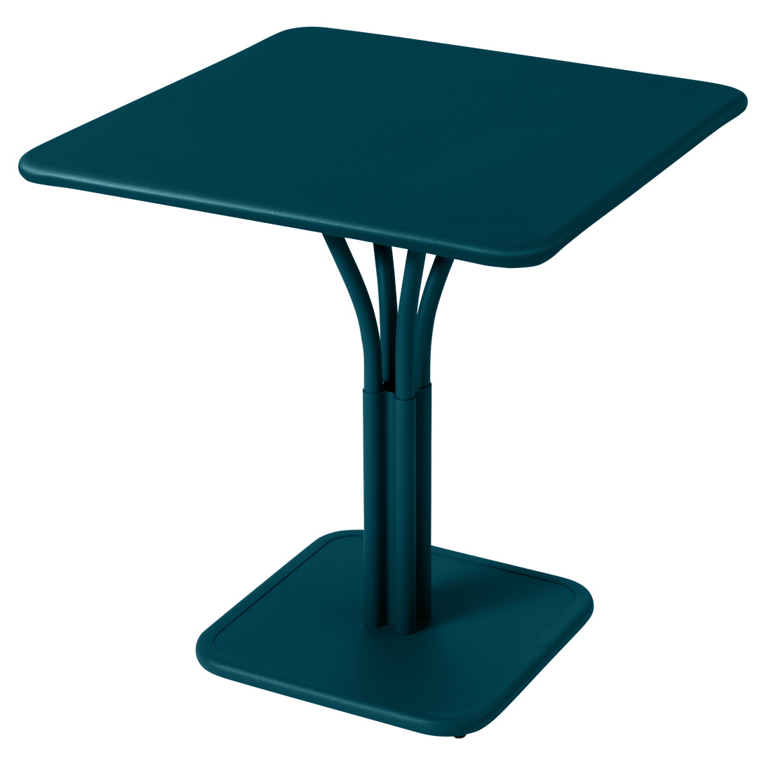 Blauer Luxembourg Tisch von Fermob, quadratisch, für den Außenbereich, ideal für Balkon oder Terrasse.