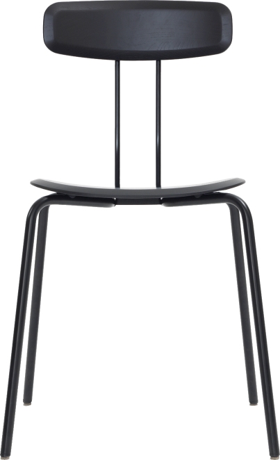 Schwarzer Okito Chair Stuhl von Zeitraum mit Holzlehne und filigranem Metallgestell, Frontansicht.
