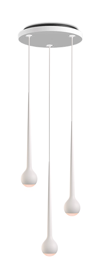 Nahaufnahme der modernen Falling Sun Pendelleuchte in Grau mit drei tropfenförmigen Lampenschirmen.
