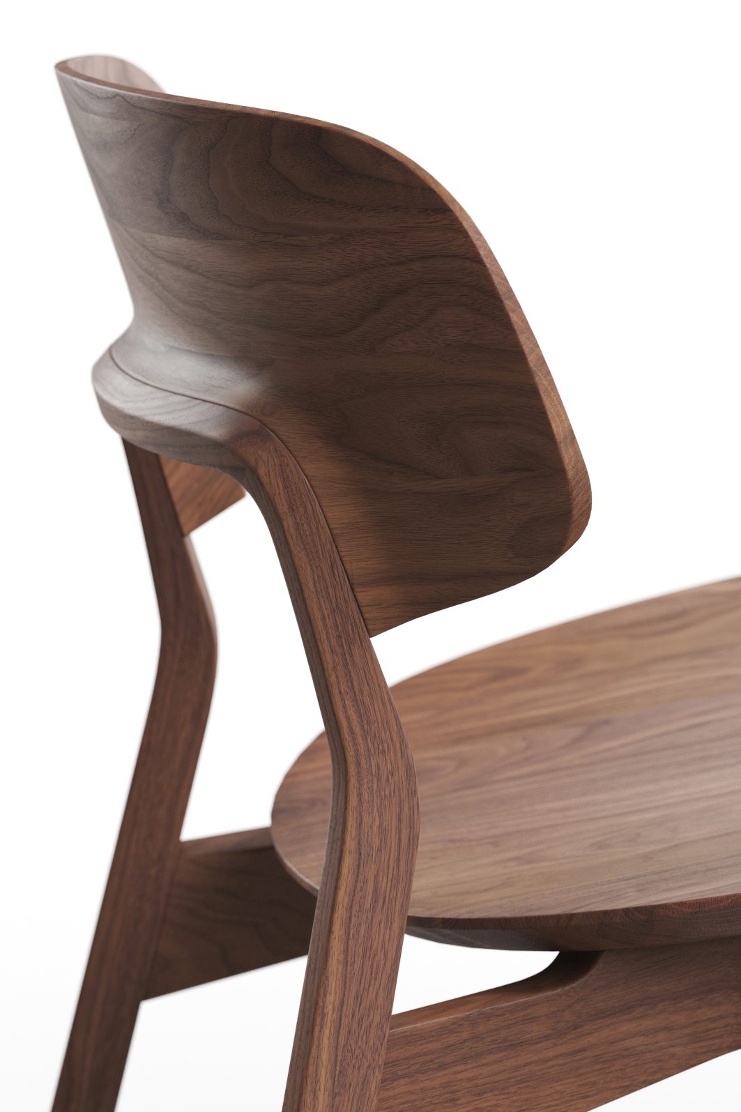 Detailaufnahme des Nonoto Lounge Chair Cocktailsessels Zeitraum aus dunklem Holz, Fokus auf Rückenlehne und Sitzfläche.