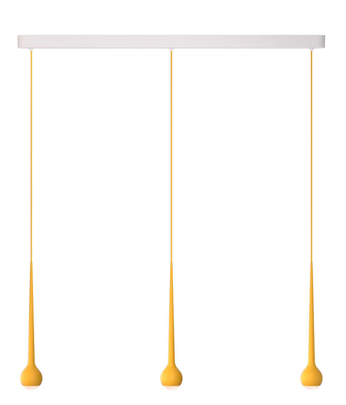 Falling Sun Trace Pendelleuchte in Grau: Moderne Hängelampe mit drei gelben Leuchten an dünnen Kabeln.
