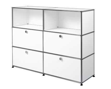 Weißes USM Haller Sideboard mit Schubladen und offenen Fächern für Wohnzimmer oder Büro.