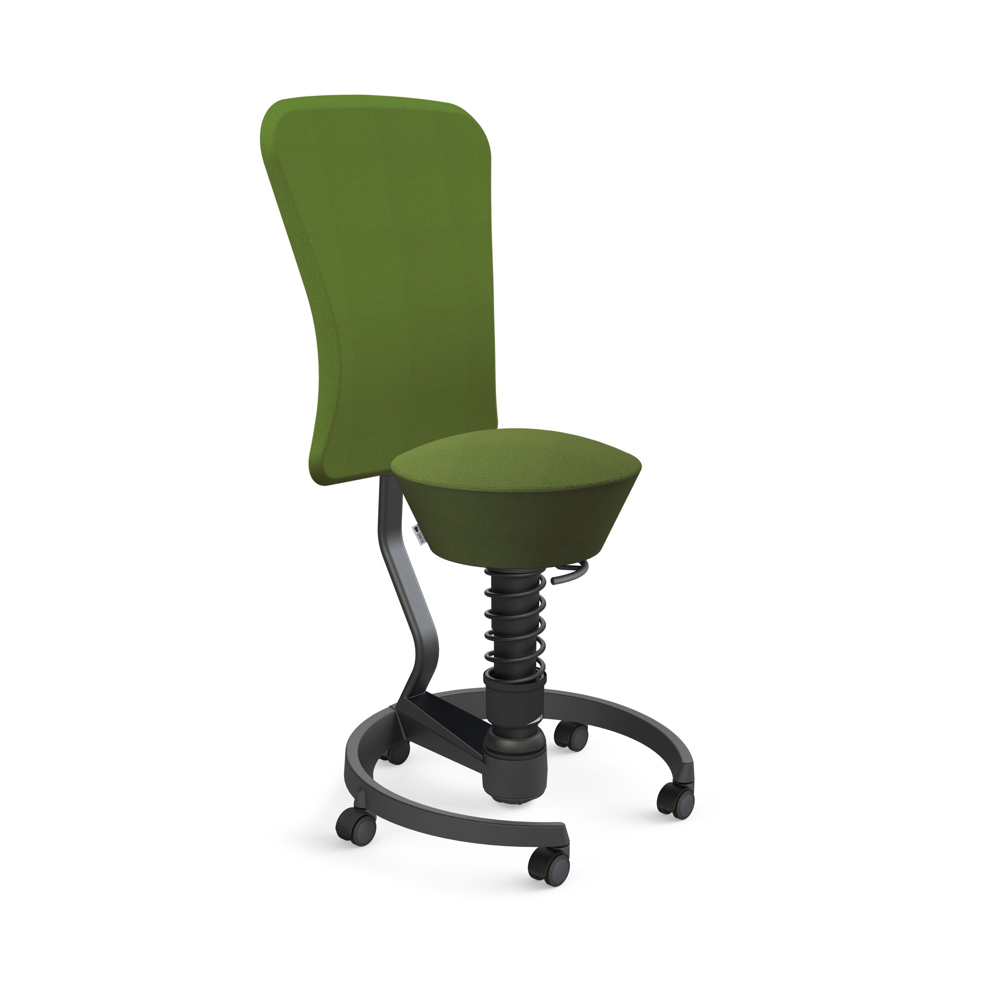 Grüner Bürostuhl mit Rückenlehne, Federung und Rollen für ergonomisches Sitzen im Büro.