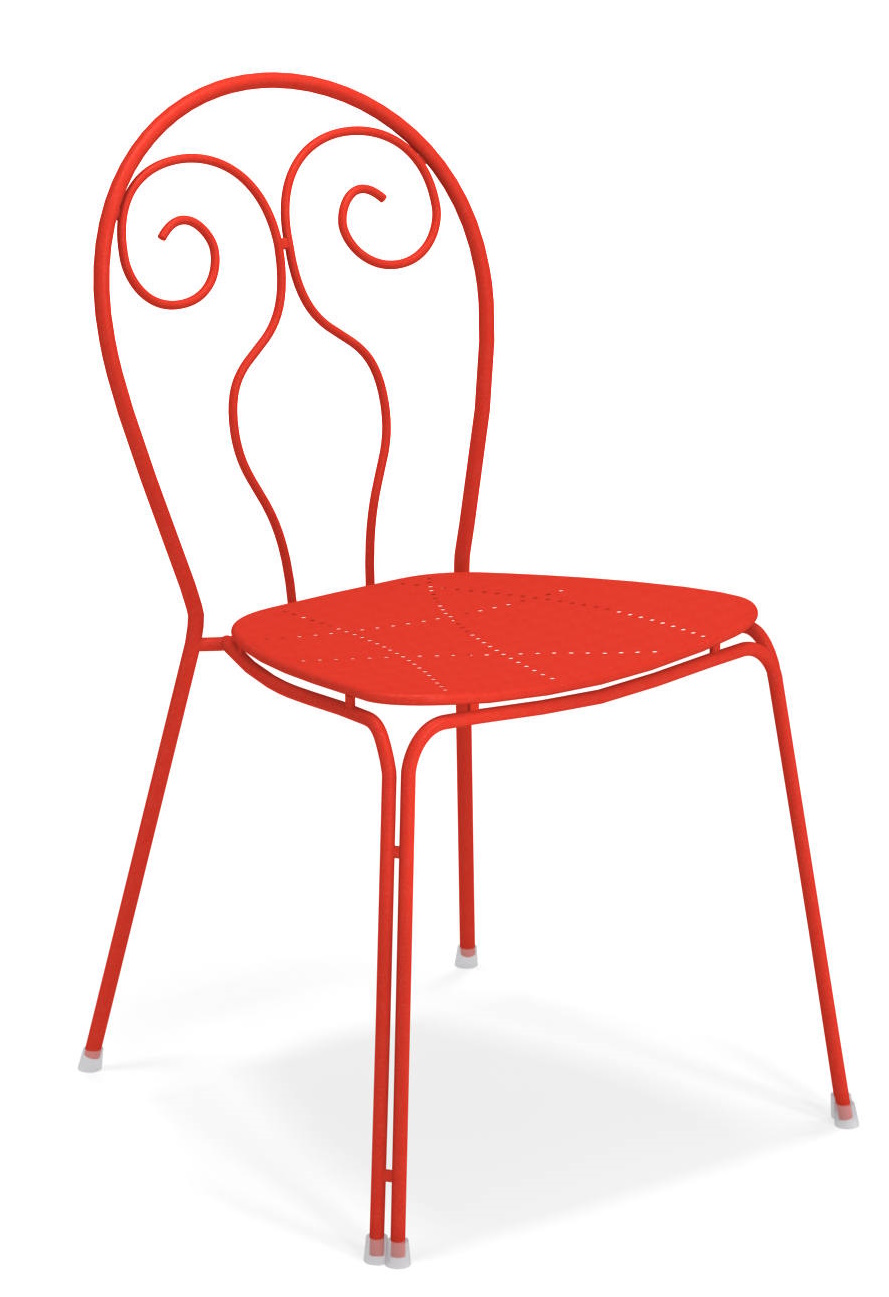 Caprera Stuhl von Emu für den Außenbereich, roter Metallstuhl mit geschwungenem Design und perforierter Sitzfläche.