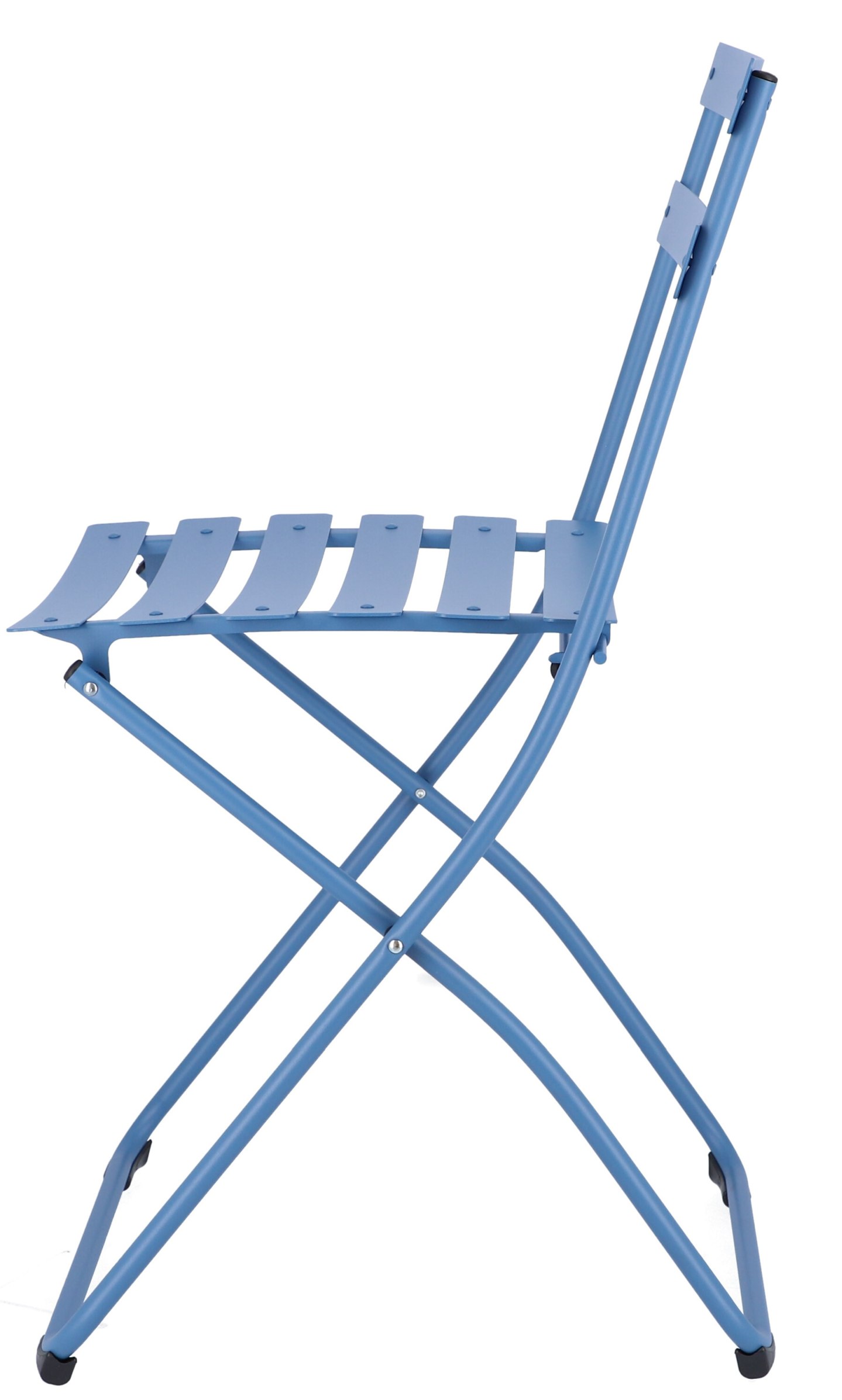 Fiam Spring Klappstuhl Outdoor Jan Kurtz hellblau, Seitenansicht. Gartenstuhl aus Metall, zusammenklappbar.