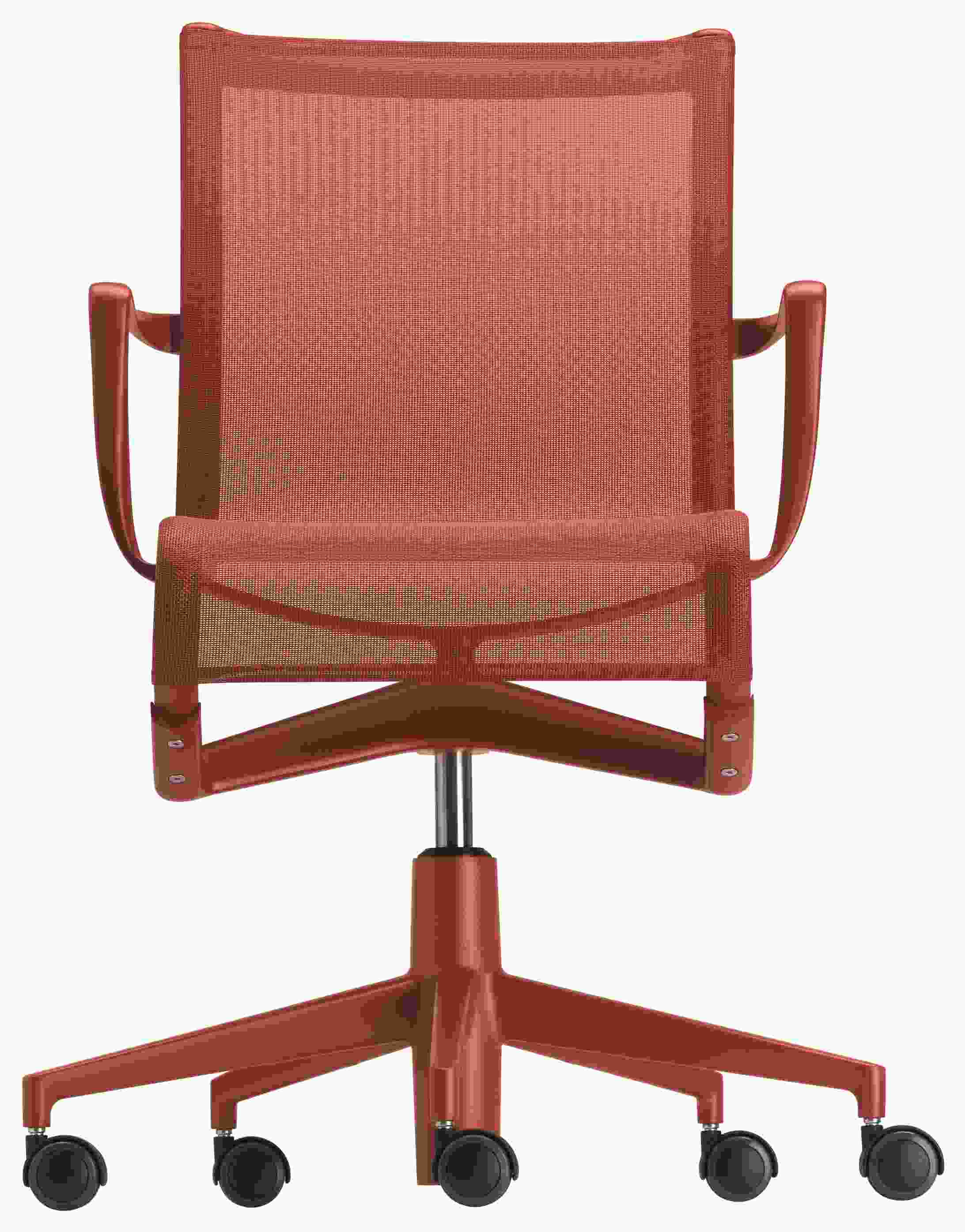 Rollingframe Bürodrehstuhl Alias in Rotbraun mit Armlehnen und Netzstoff, ergonomischer Bürostuhl für das Homeoffice.