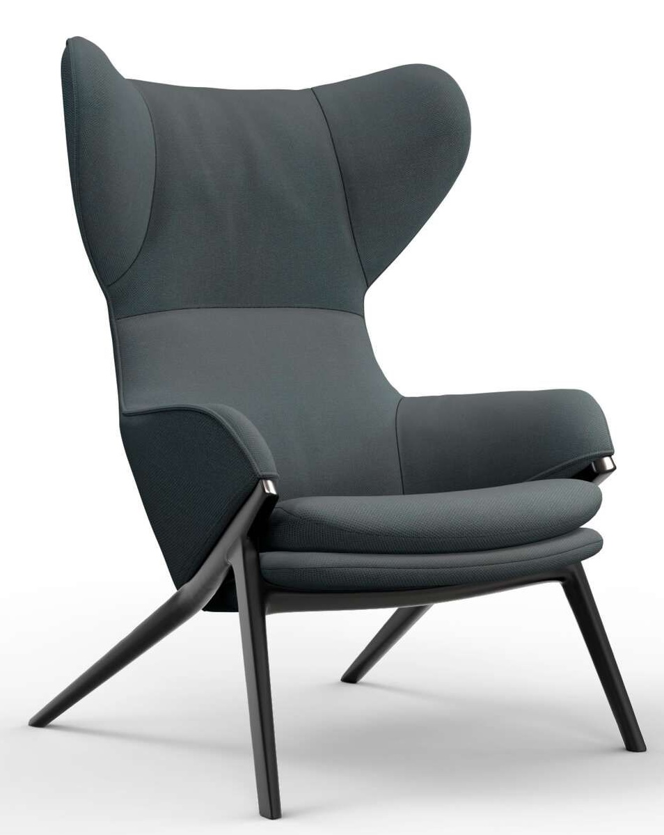 Grauer 395 P22 Sessel von Cassina mit hoher Rückenlehne und dunklem Holzgestell für Wohnzimmer und Lounge.