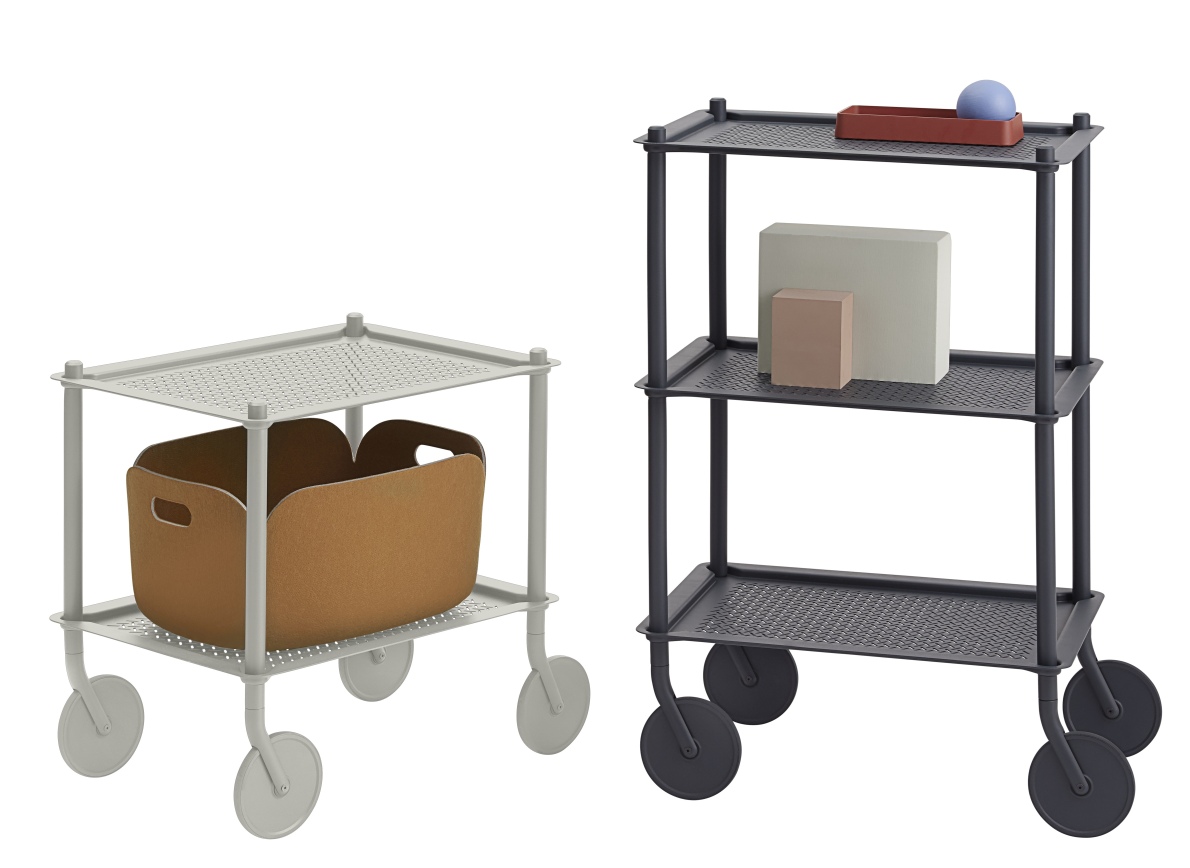 Muuto Flow Trolley Servierwagen in Grau und Schwarz mit Ablagen und Rollen, modernes Möbeldesign.