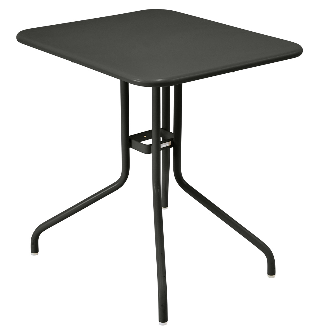 Anthrazitfarbener Pétale Tisch 60x70 cm von Fermob für den Außenbereich, quadratische Tischplatte mit filigranem Stahlgestell.