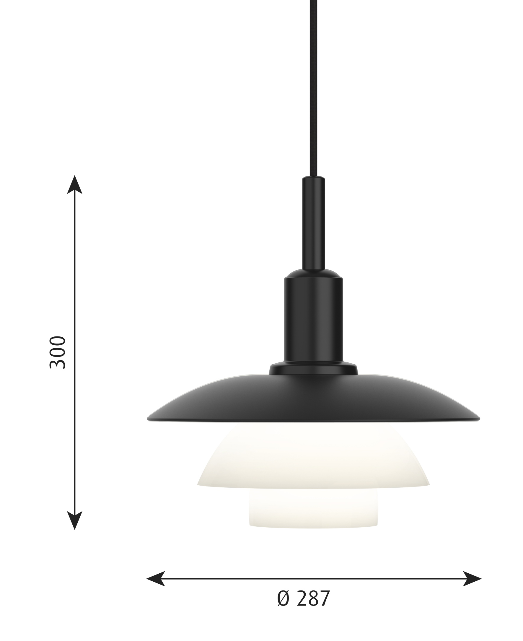 Schwarze PH Pendelleuchte von Louis Poulsen mit Maßen, Designklassiker für stilvolle Beleuchtung.