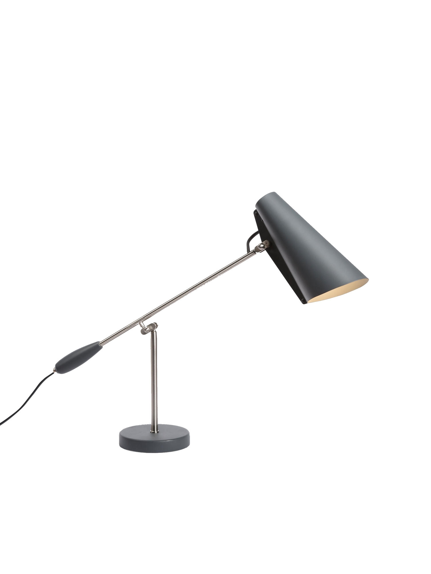 Graue Birdy Tischleuchte von Northern, skandinavisches Design mit verstellbarem Arm und konischem Lampenschirm.