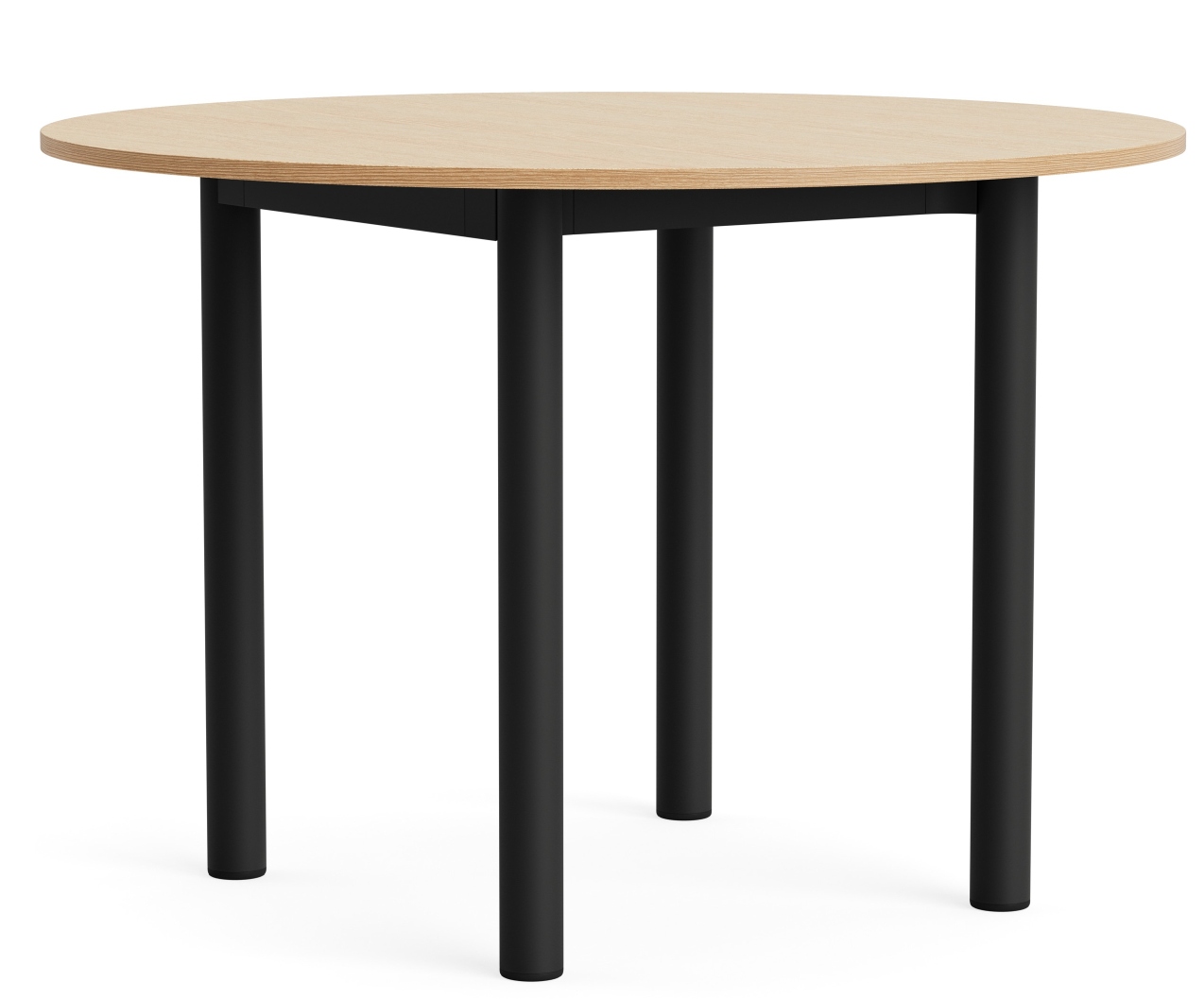 Annex Table Round Esstisch von Hay mit heller Tischplatte und schwarzem Metallgestell.