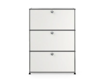Weißer USM Haller Schrank mit drei abschließbaren Fächern, modernes Design für Büro und Wohnbereich.