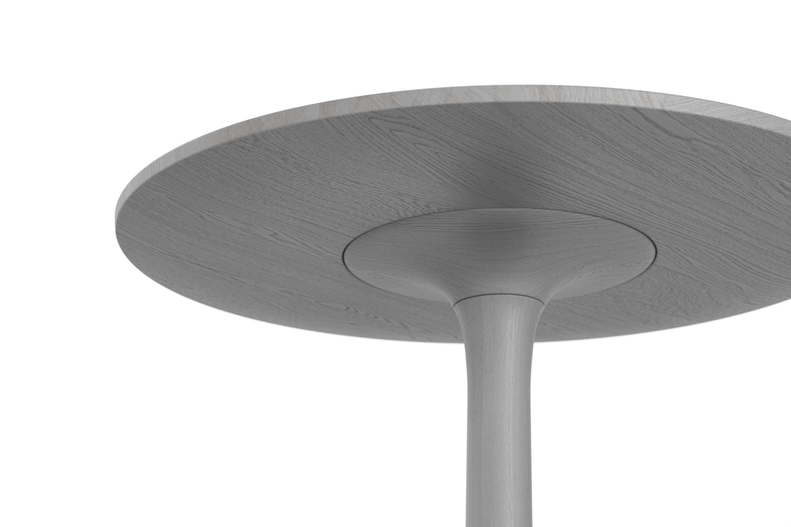 Detailaufnahme des Turntable Couch Beistelltisches Zeitraum mit runder Tischplatte und zentralem Standfuß in Grau.
