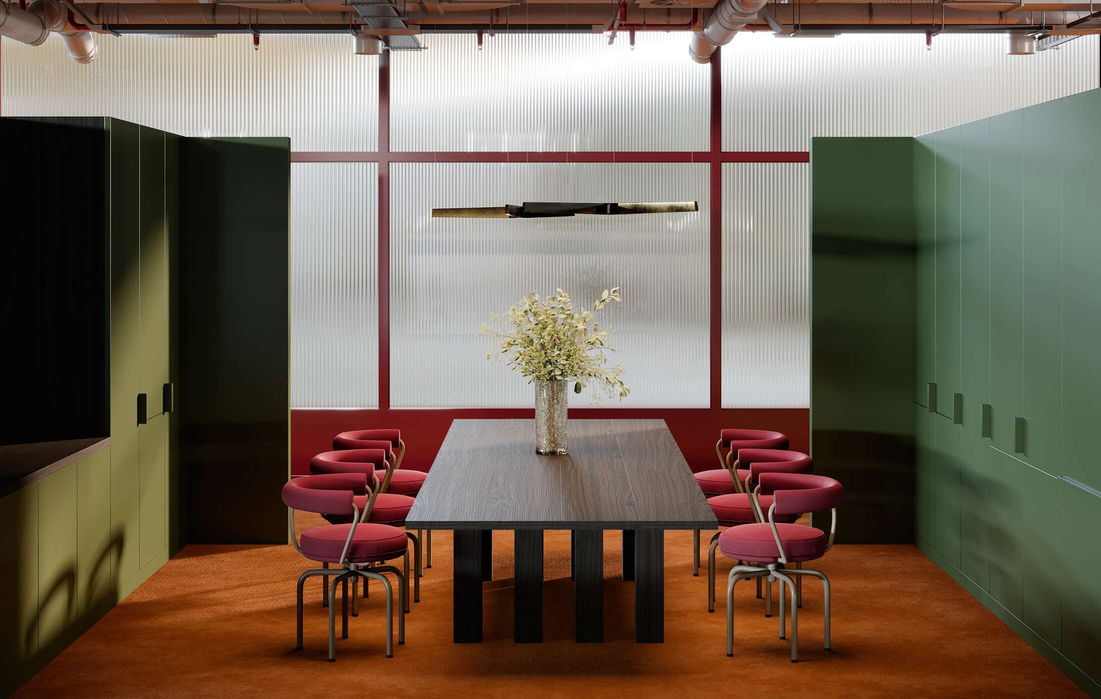 Esstisch mit roten Cassina Drehsesseln im modernen Büro, Konferenzraum mit Designermöbeln.