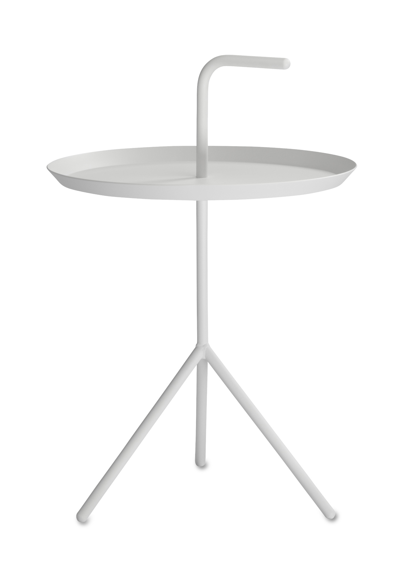 Weißer DLM Beistelltisch von Hay mit Griff und dreibeinigem Gestell für Wohnzimmer.
