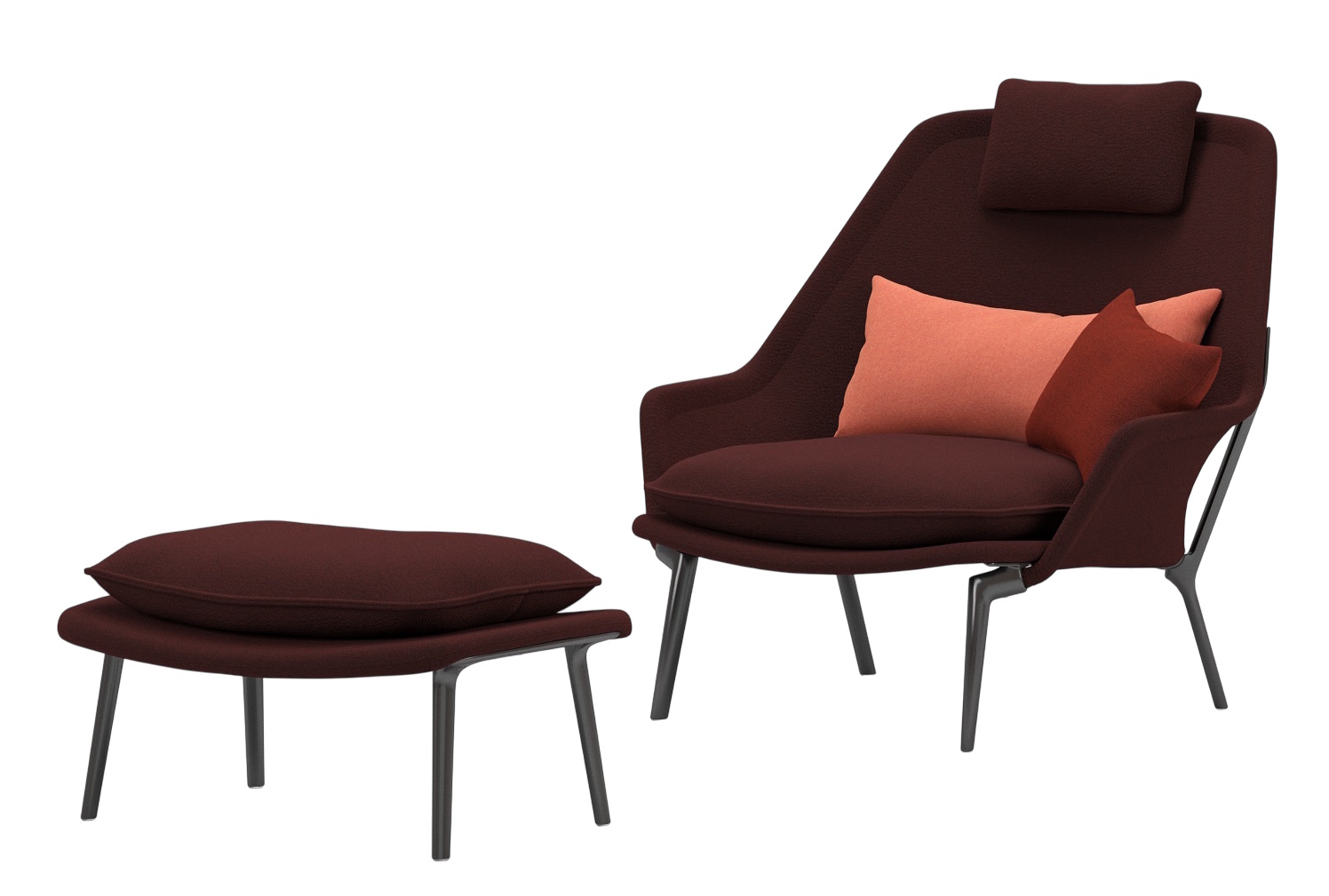 Vitra Slow Chair Sessel mit Ottoman in braunem Stoff und Kissen, modernes Wohnzimmer Design.