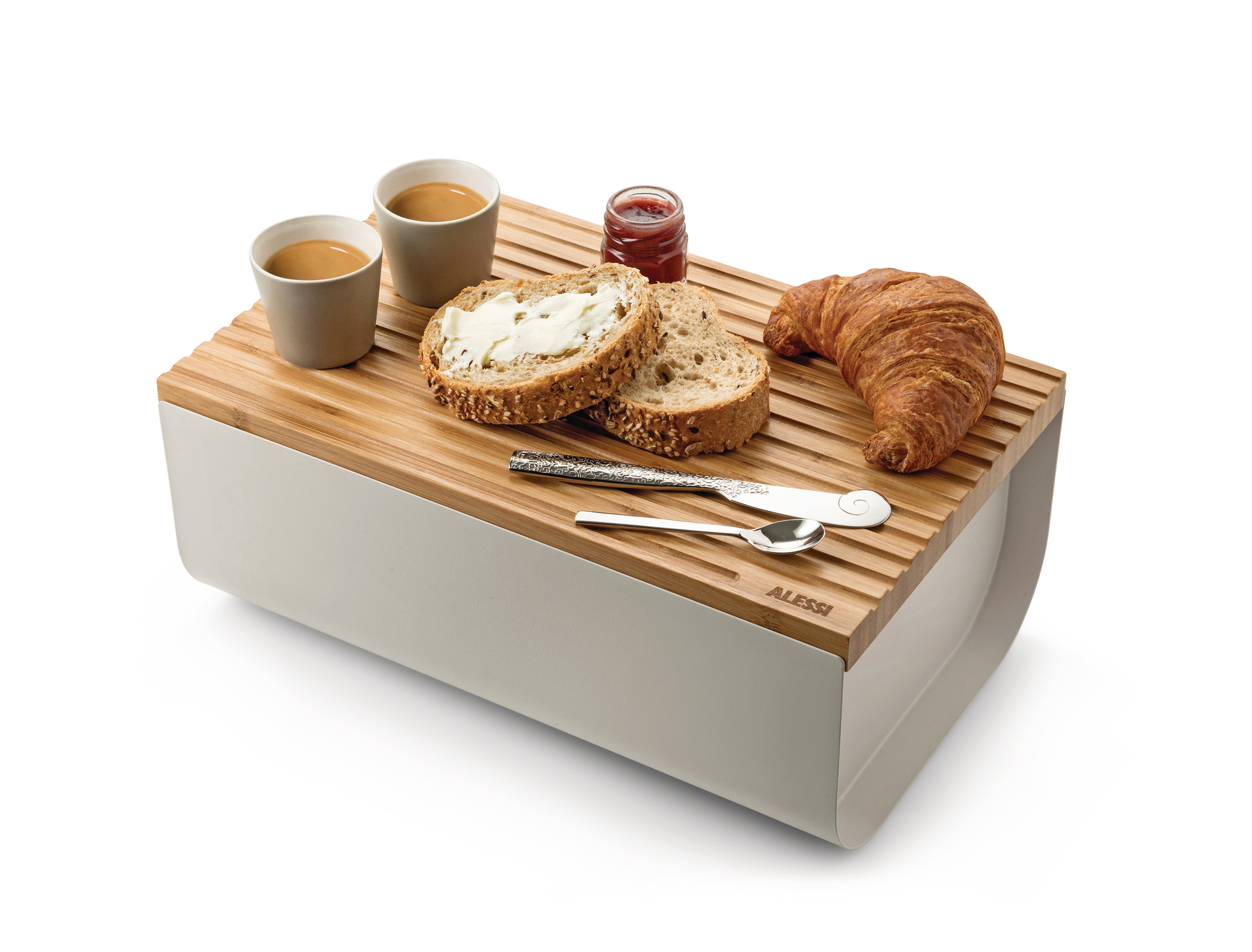 Mattina Brotkasten von Alessi aus Stahl mit Frühstücksgedeckt, inklusive Brot, Croissant, Marmelade und Kaffee.