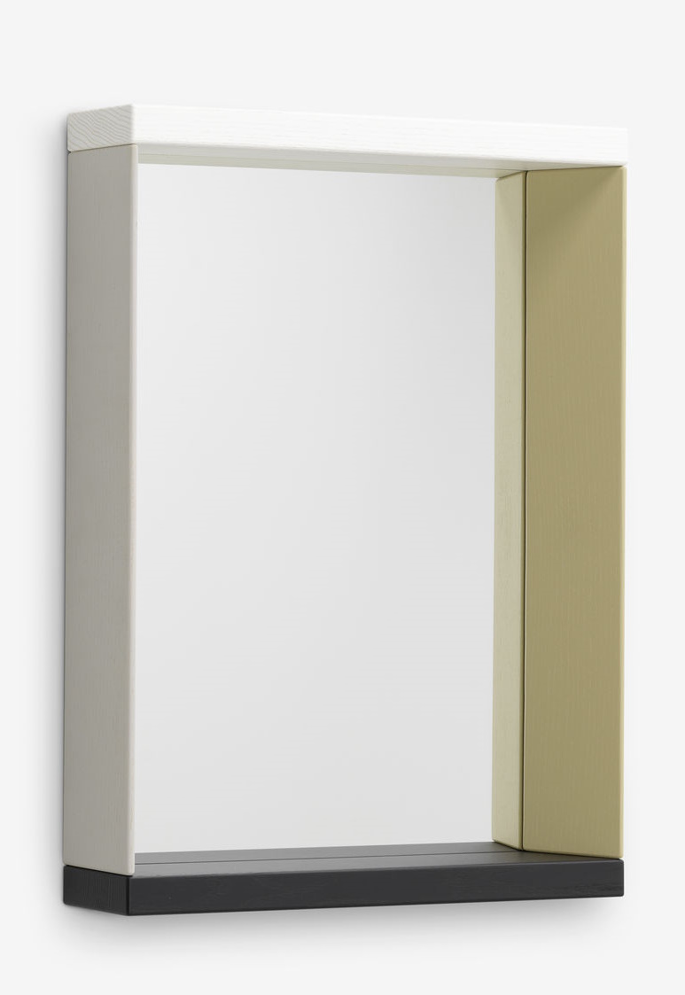 Vitra Colour Frame Spiegel mit farbigem Holzrahmen in Weiß, Gelb und Schwarz, Detailansicht.